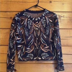 H&M Navy Leaf-Print Button Cardigan with Brown and Cream Accents